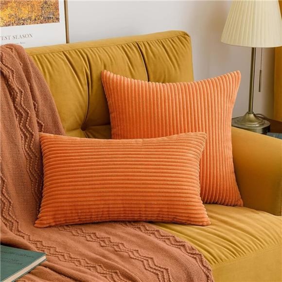 2 Fall Orange Pillow Covers Soft Boho Striped Corduroy Throw Pillow Cover Set - Picture 2 of 6